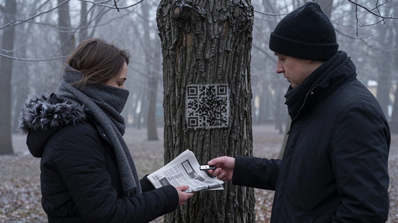 A clandestine exchange in a frosty park at dawn, a USB drive passed hidden in a newspaper.
