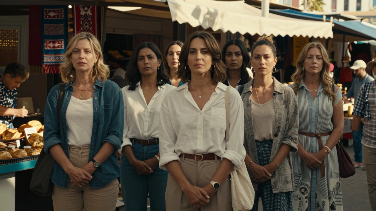 Women in casual elegance amidst a vibrant Marseille market, blending into the local culture under warm sunlight.